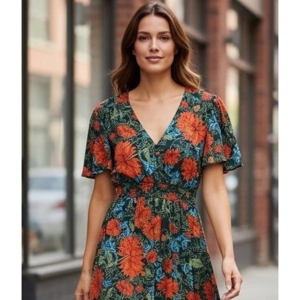 Abel The Label Midi Dress Womens Small Teal Orange Floral Smocked Hi-Low Boho